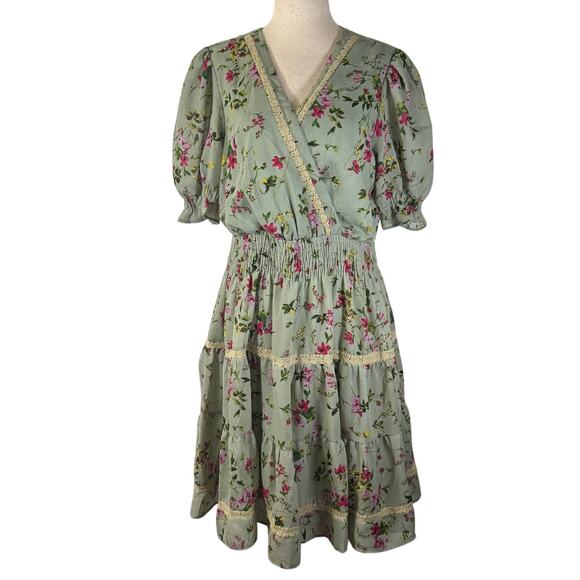 Taylor Pleated Puff Sleeve V-Neck Sundress Green Size 14 - Picture 1 of 10
